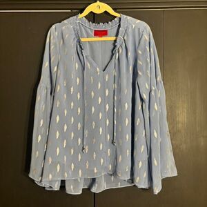 Jennifer Lopez Baby Blue Blouse with Silver Sparkly Leaf Pattern – XL
